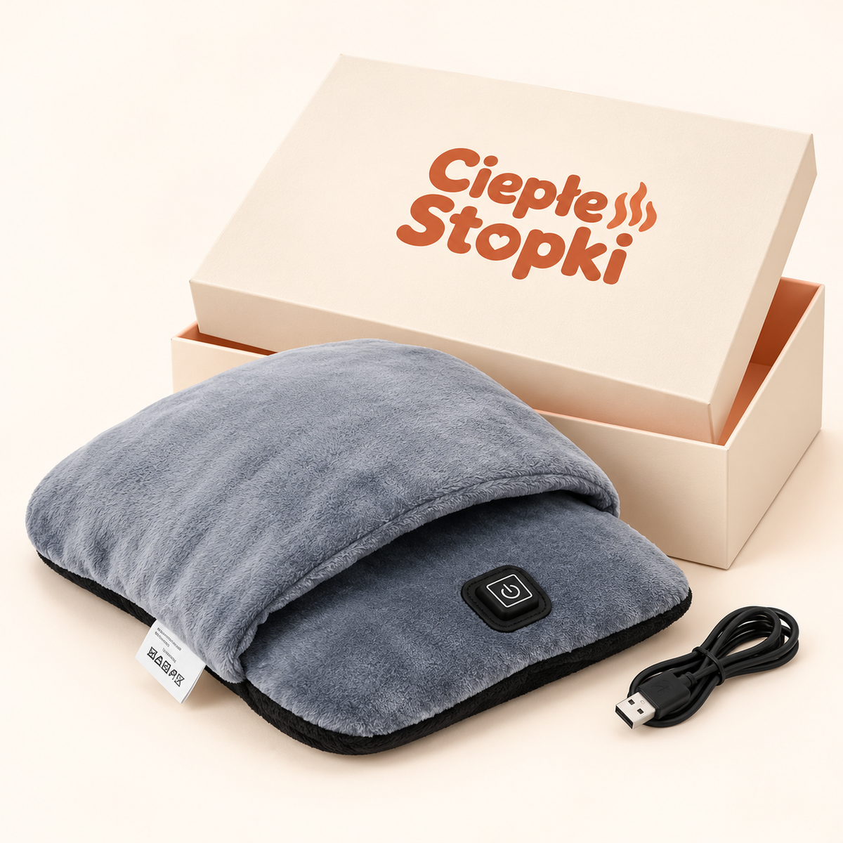 Ciepłe Stopki: szary ogrzewacz USB w kremowym pudełku