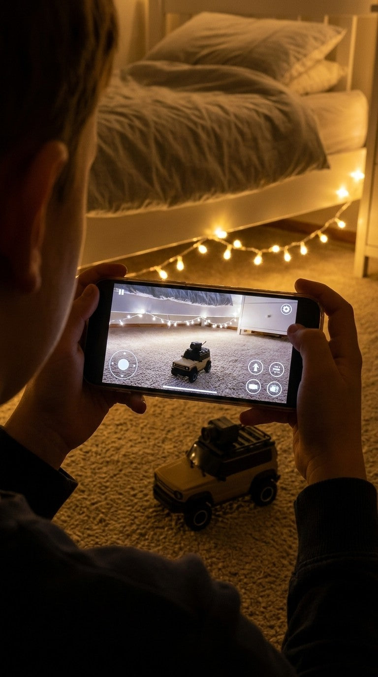 Driving the Tinydrift car through the bedroom from the phone